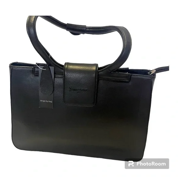 NWT Vintage Ferragamo Black Ladies Business Handbag w/ unbranded dust cover bag - Picture 3 of 11